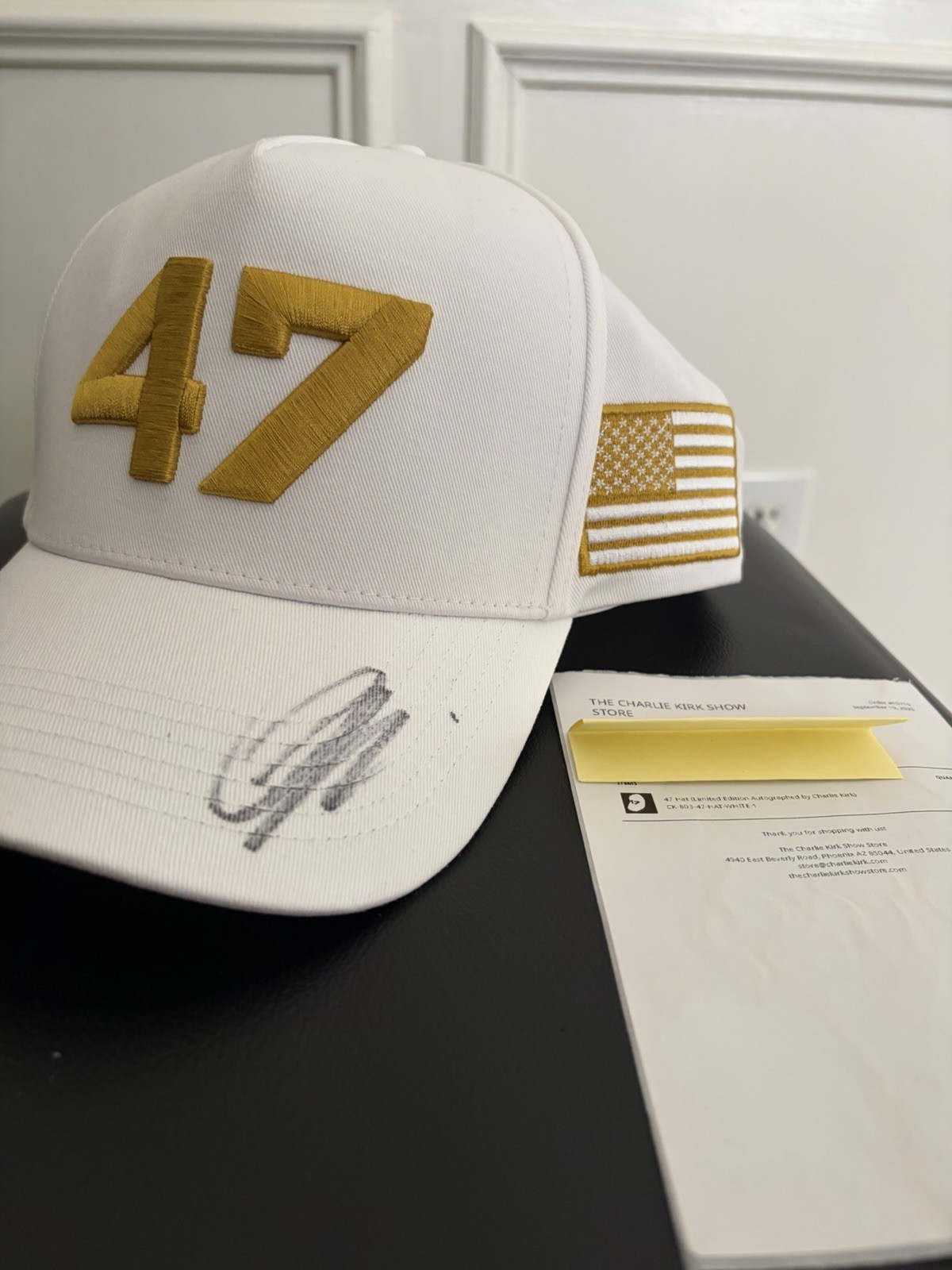 Charlie Kirk Signed Hat White Gold Hat Cap 47 Memorabilia Autographed W/ Receipt