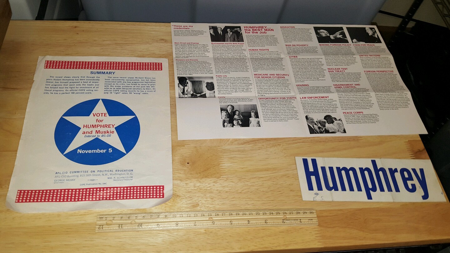 LOT OF THREE HUMPHREY VS NIXON PRESIDENTIAL CAMPAIGN ITEMS BROCHURE BUMPER STICK