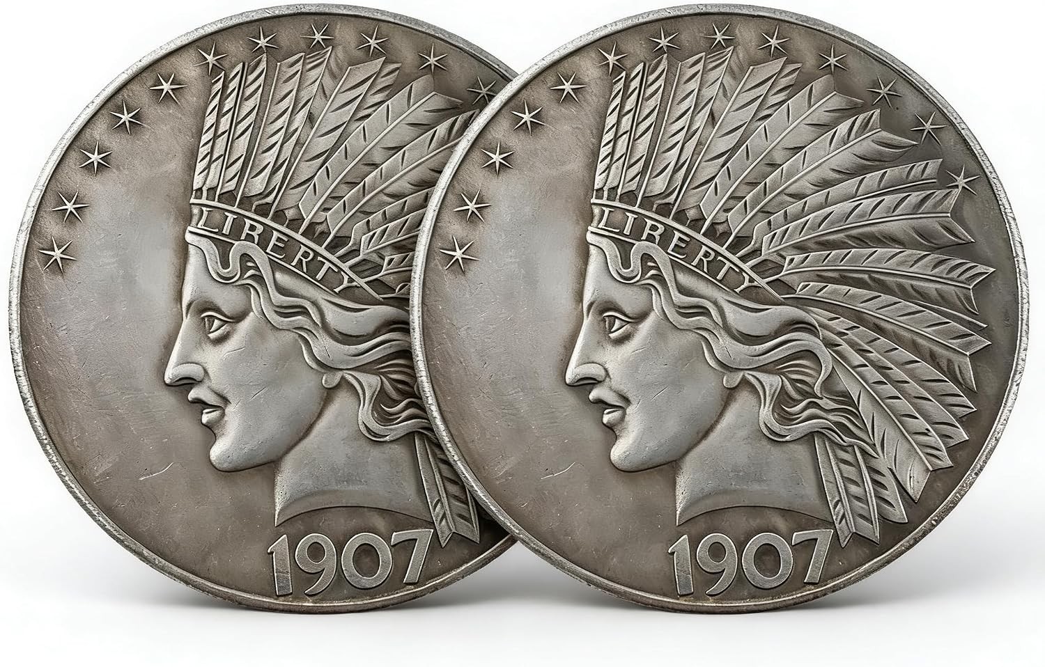 2PCS 1907 Antique Liberty Indian Head $10 Dollar Coin, Uncirculated Morgan Sil