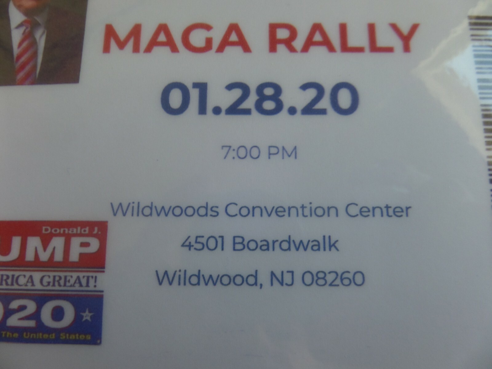 DONALD TRUMP (MAGA) RALLY- WILDWOOD, NJ, 01-28-2020 TICKET-BUMPER STICKER & COIN