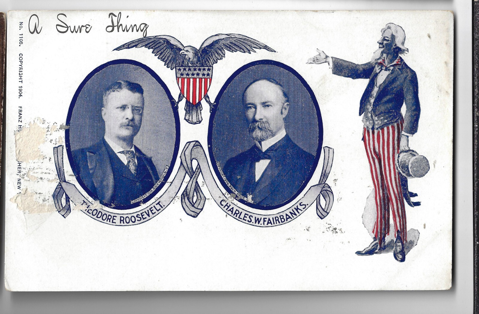 1904 Uncle Sam Teddy Roosevelt Charles Fairbanks Jugate Prez Campaign Postcard A