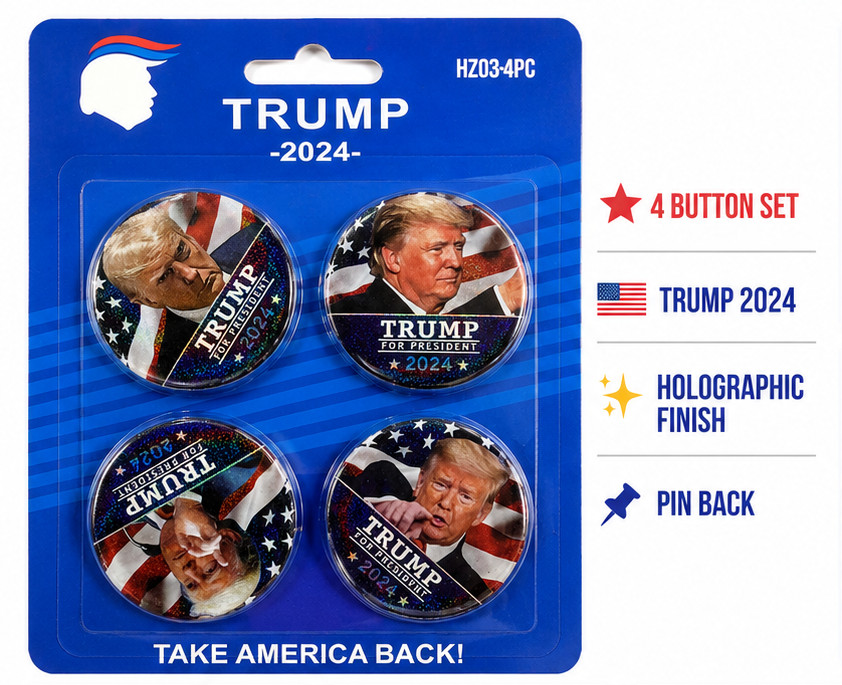 Trump 2024 Campaign Button Pin Sets – SAVE AMERICA Trump 2024 pins (4 Pack)
