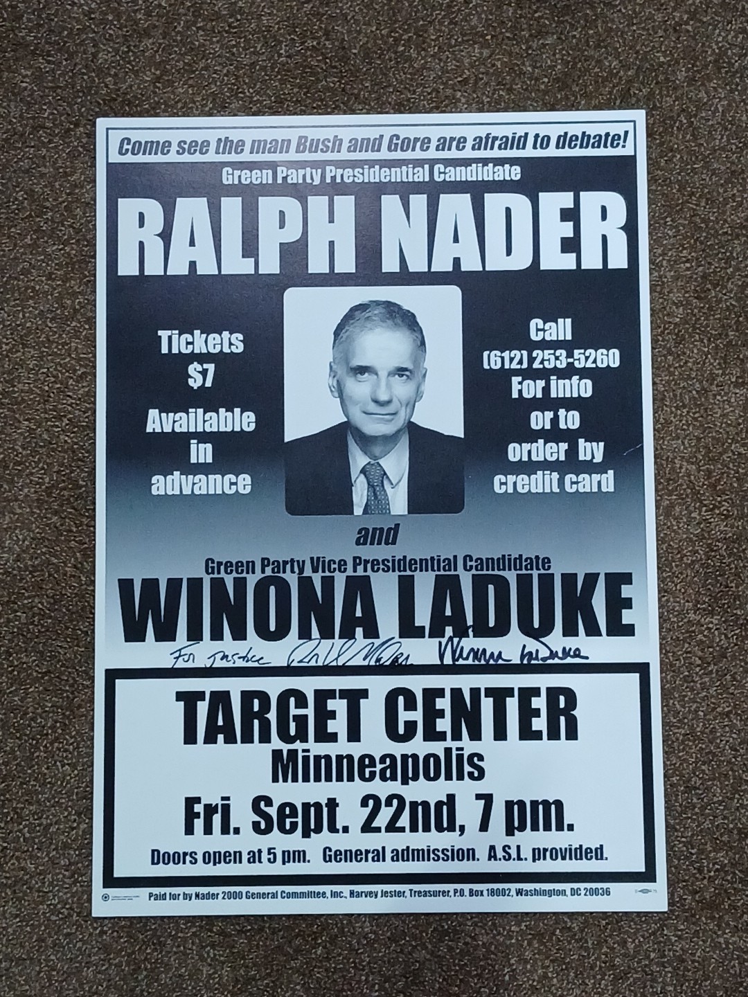 Ralph Nader 2000 Super Rally Poster Minneapolis Signed By Nader & Winona Laduke
