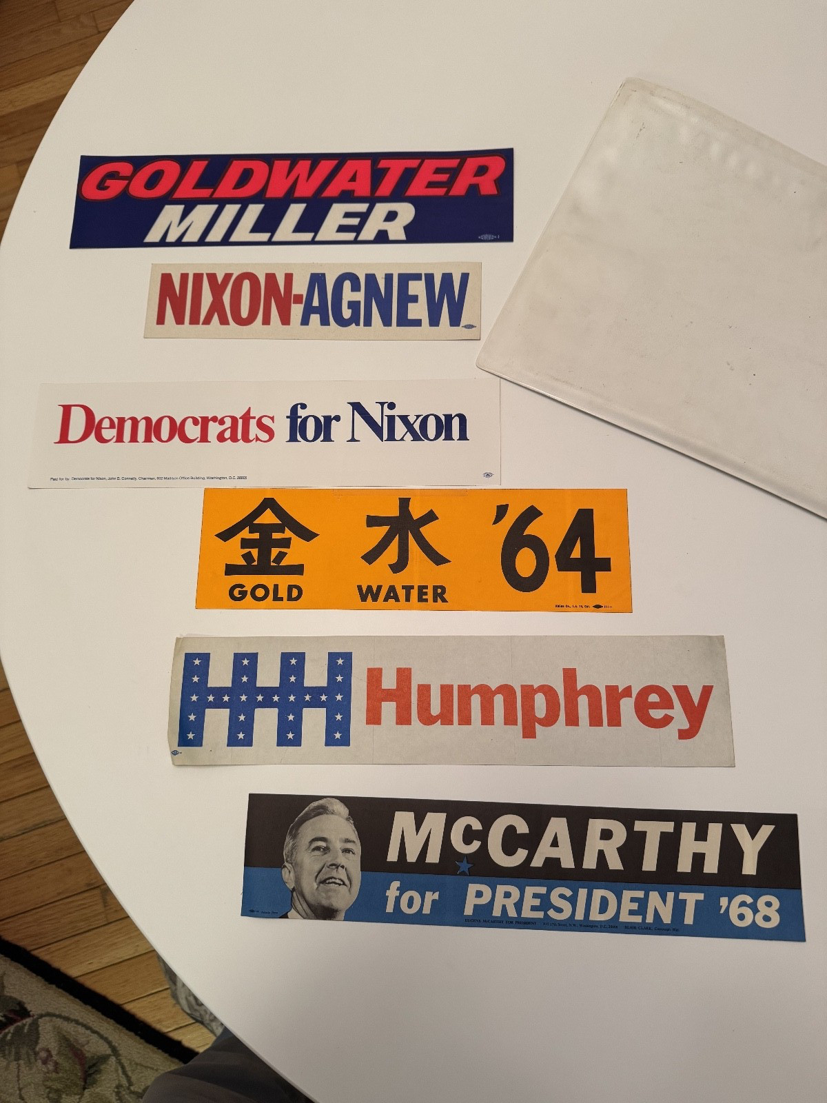More Than 80 Vintage Political Bumper Stickers ca. 1964-76 + Nixon ’68 Briefcase