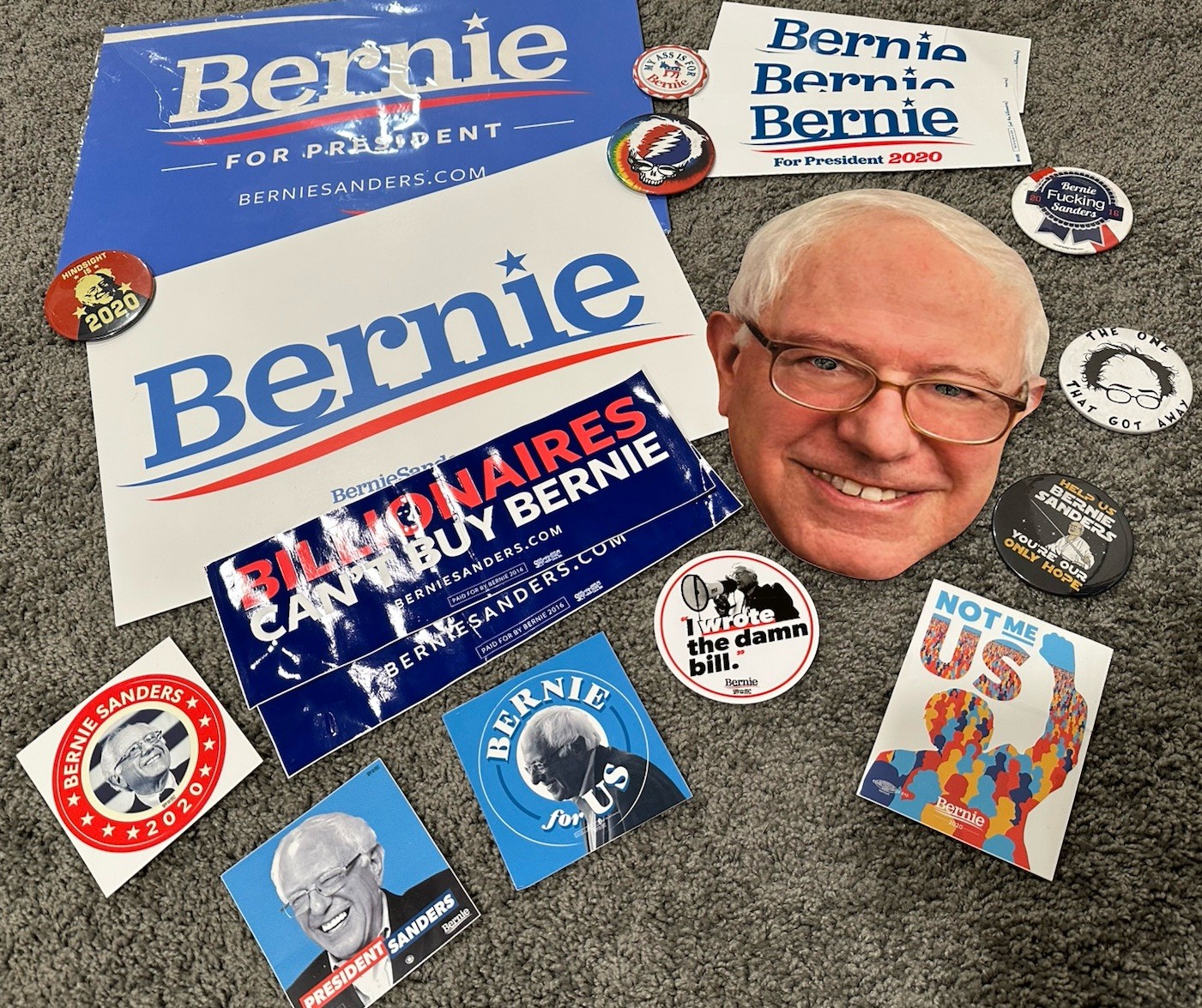 Bernie Sanders 2016-2020 Memorabilia 20 Lot Pins Bumper Stickers Mask Signs Book