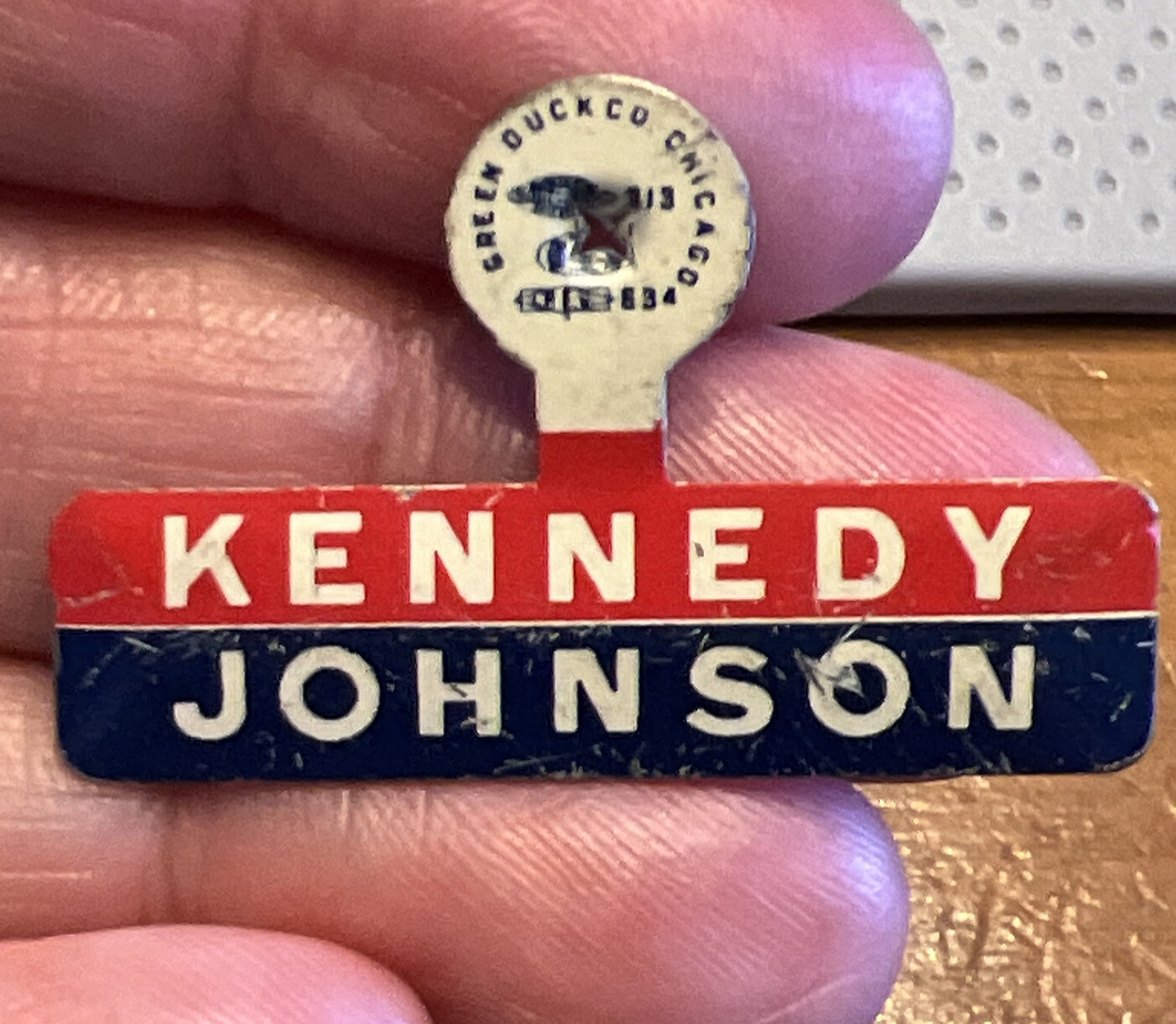 Vintage Kennedy Johnson Lapel Tab Metal Pin Back Green Duck Co