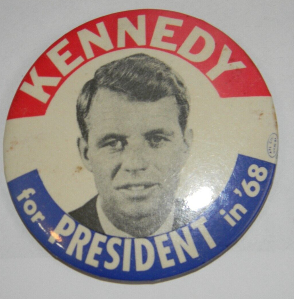 Senator Robert F. Bobby Kennedy for President in 68 large 3.5″ photo button pin