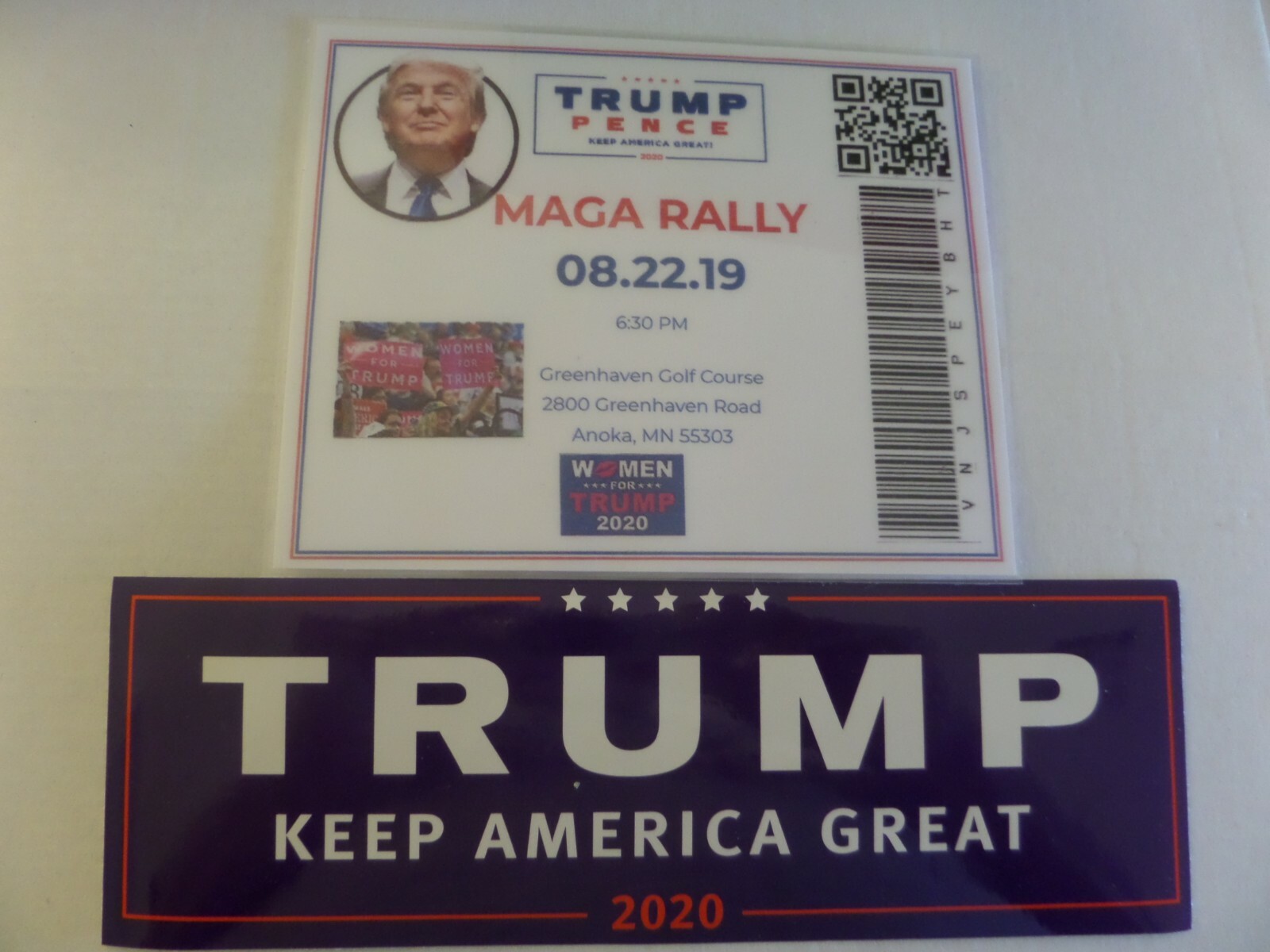 DONALD TRUMP – (MAGA) RALLY, 8-22-2019, ANOKA, MINNESOTA,Ticket & Bumper Sticker