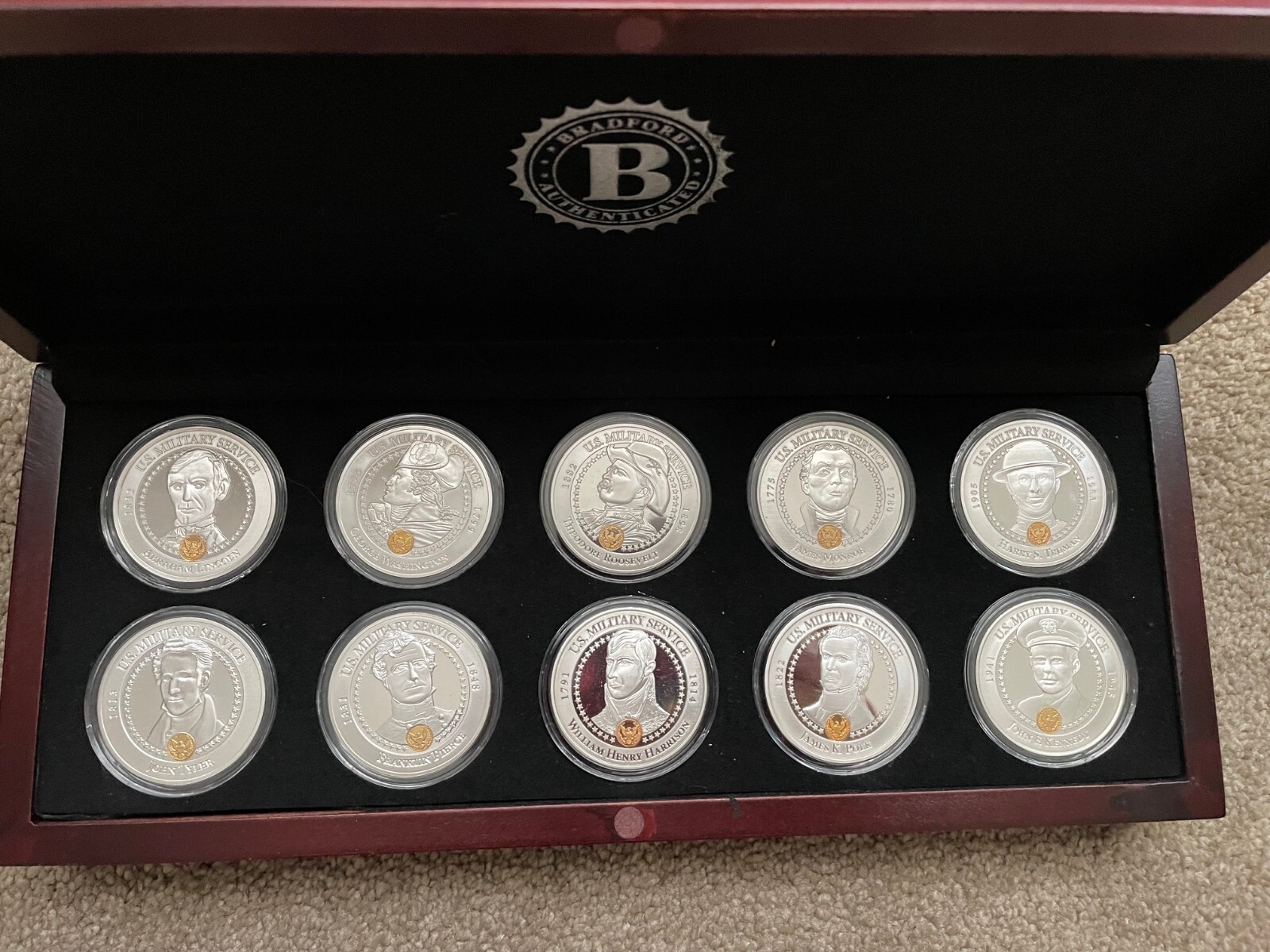 PRESIDENTIAL VETERANS Bradford Exchange proof coin set of 10 silver w/box
