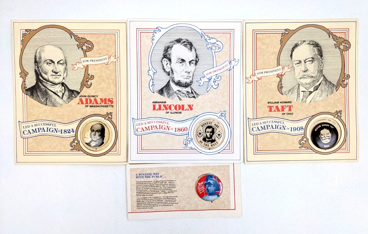 Reproduction Campaign Pinback Buttons Honest Abe Lincoln Theodore Roosevelt Taft