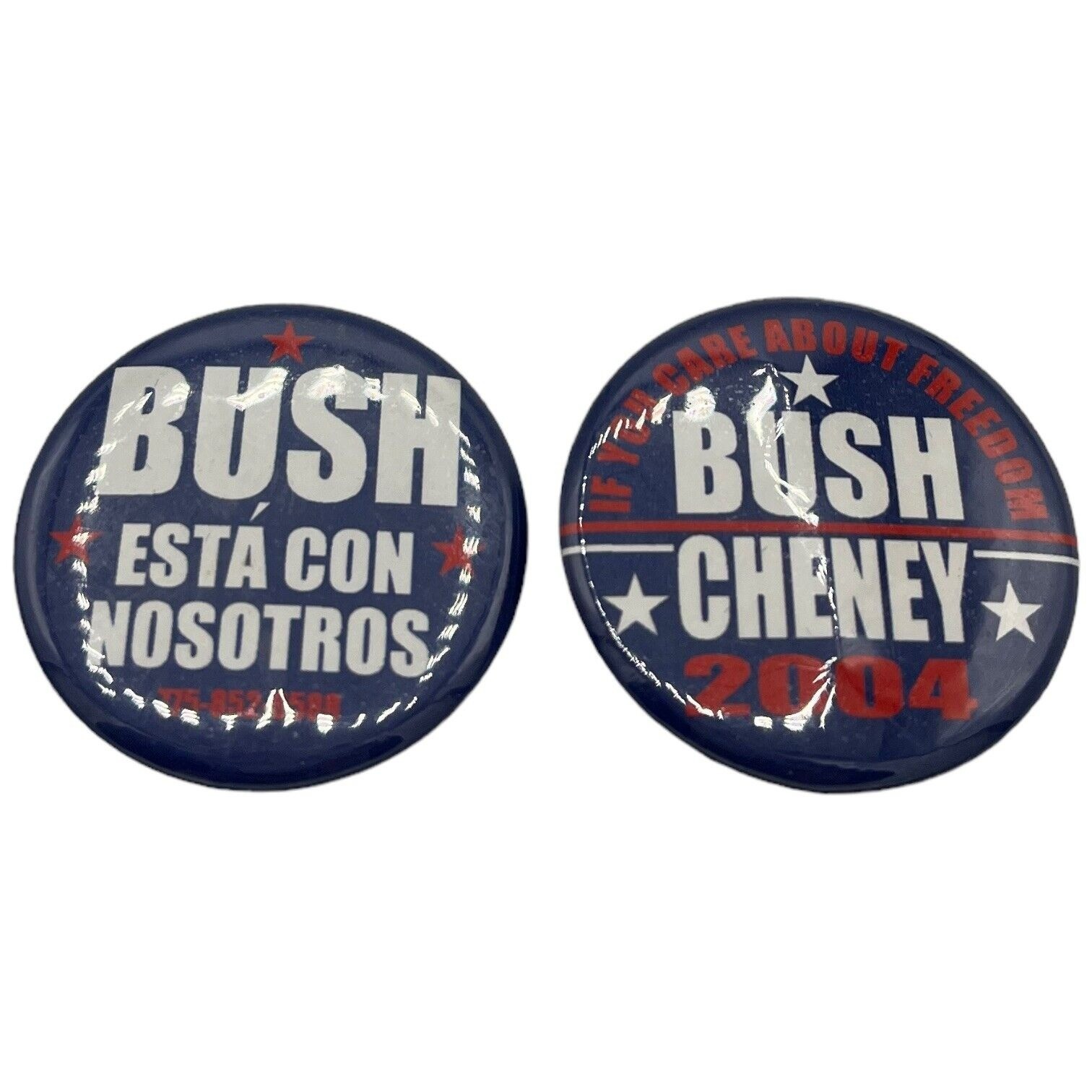 2 Pins Bush Cheney Patriotic & Bush Esta Con Nosotros President Campaign Buttons