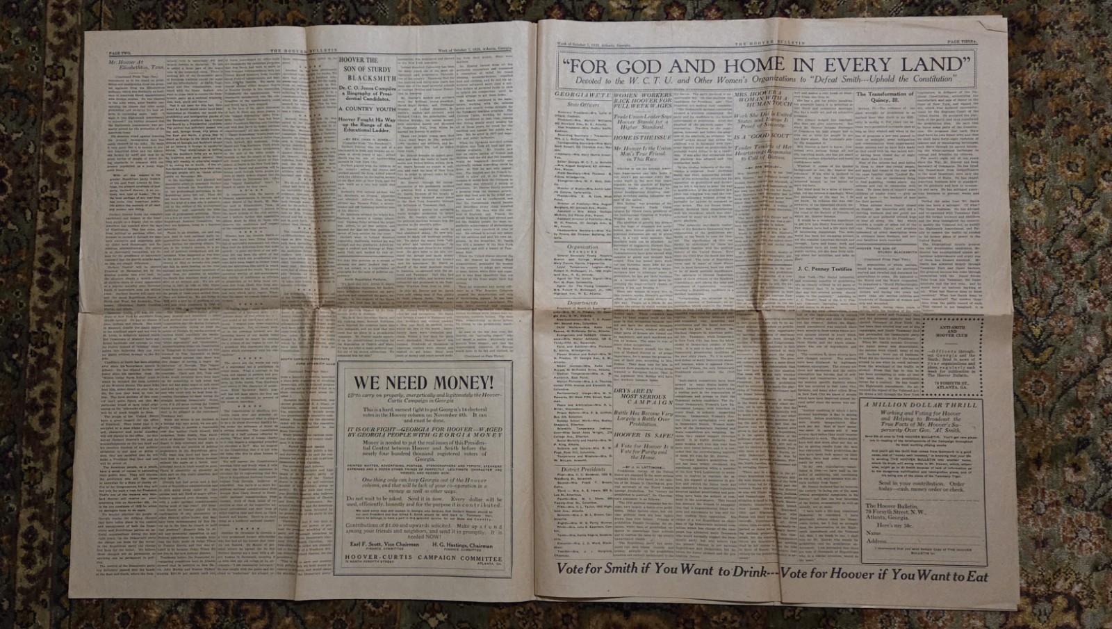 Rare Herbert Hoover 1928 Campaign Newspaper Targeting Georgia Residents