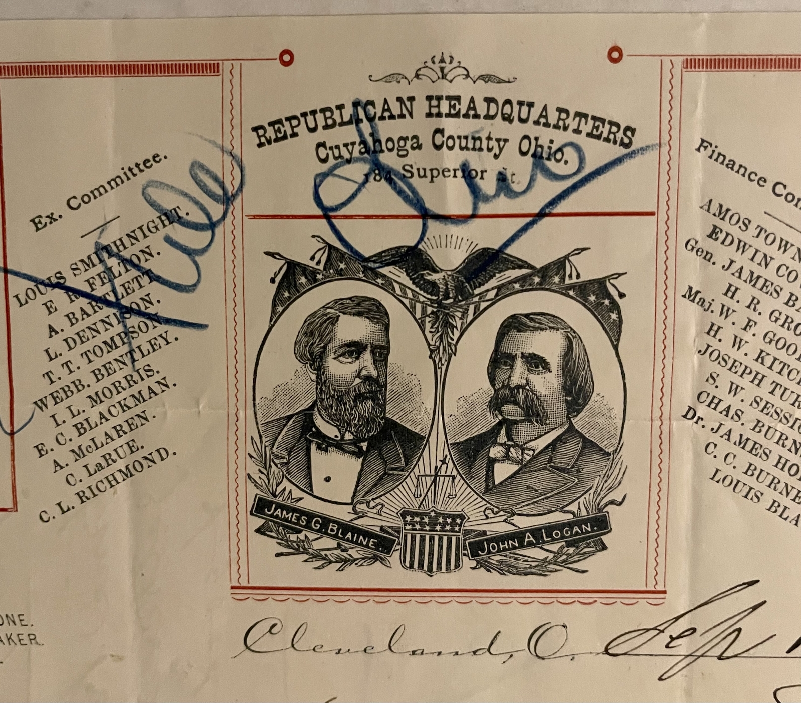 BLAINE-LOGAN REPUBLICAN HEADQUARTERS LETTERHEAD W/ HANDWRITTEN ACCOUNT OF RALLY