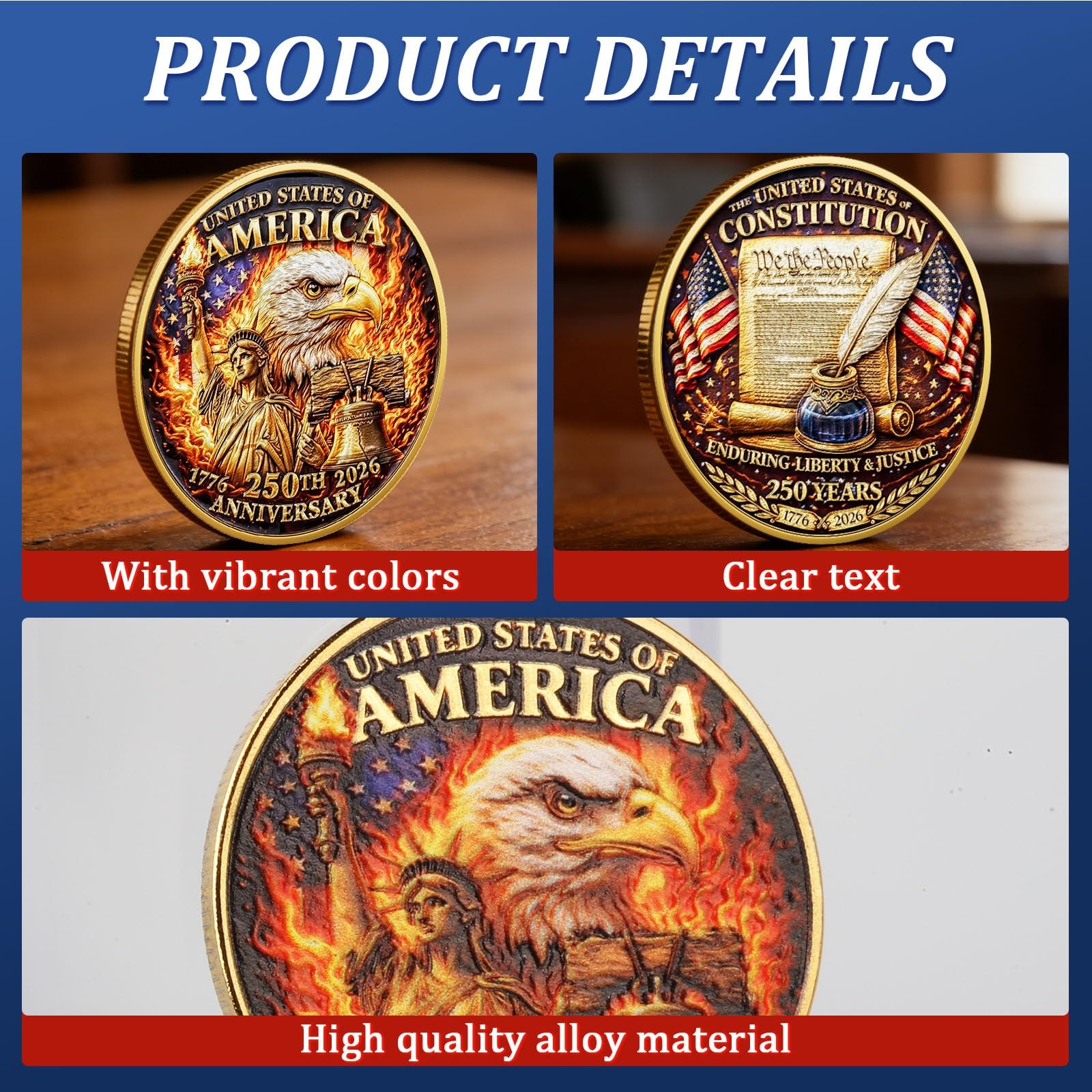 Commemorative Coin USA 250th Anniversary Patriotic Collectible Liberty Bell Eagl