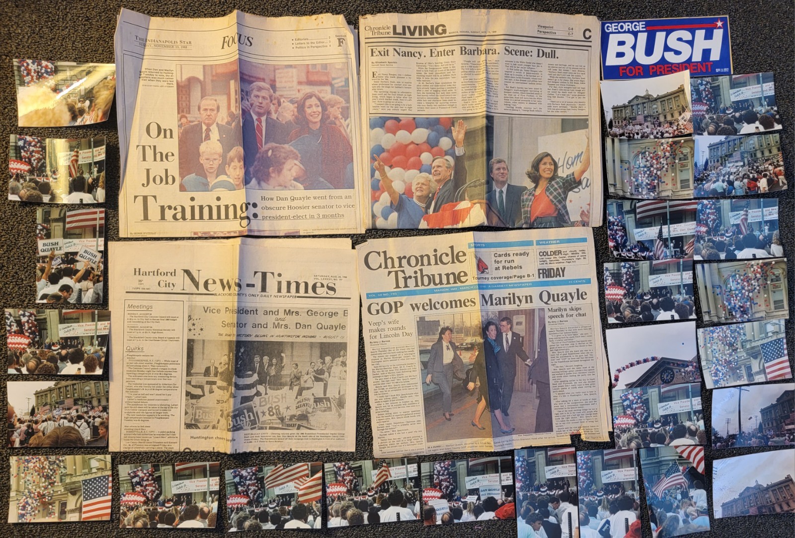 George Bush Dan Quayle 88 Photos Sticker & Newspapers 1st Campaign Stop Indiana