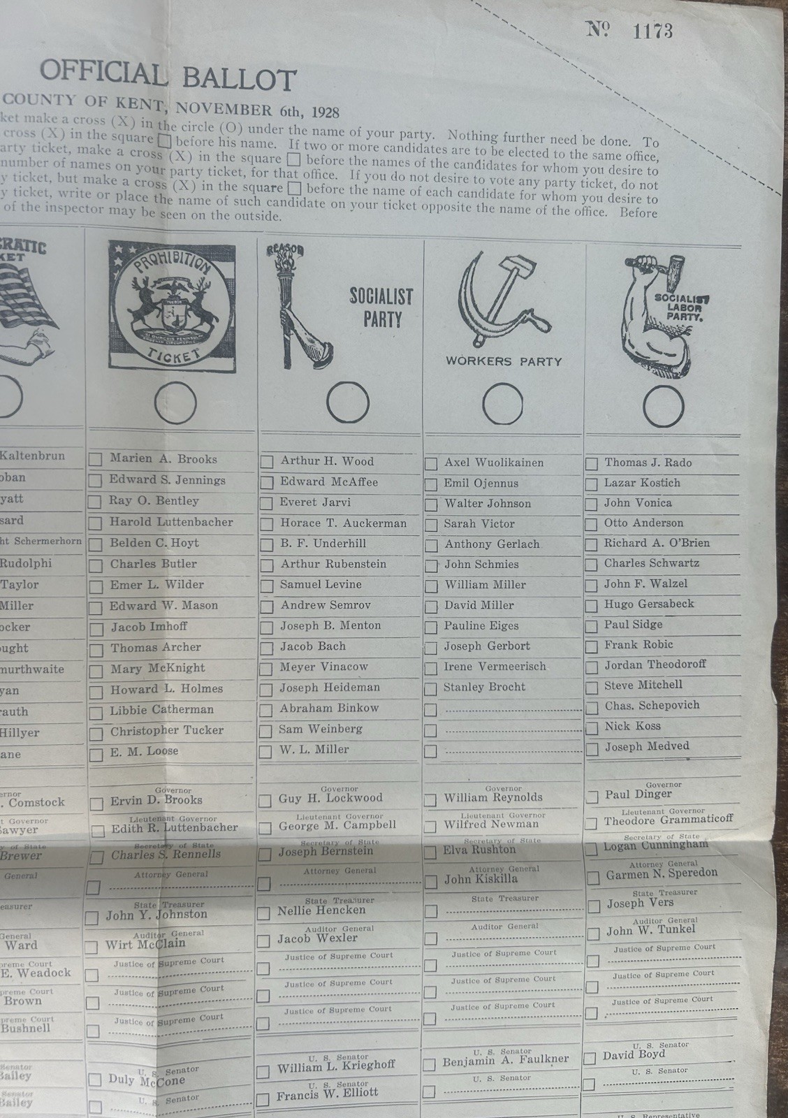 1928 Large 15.5″ x 21″ Michigan Presidential Ballot Prohibition, Socialist etc.