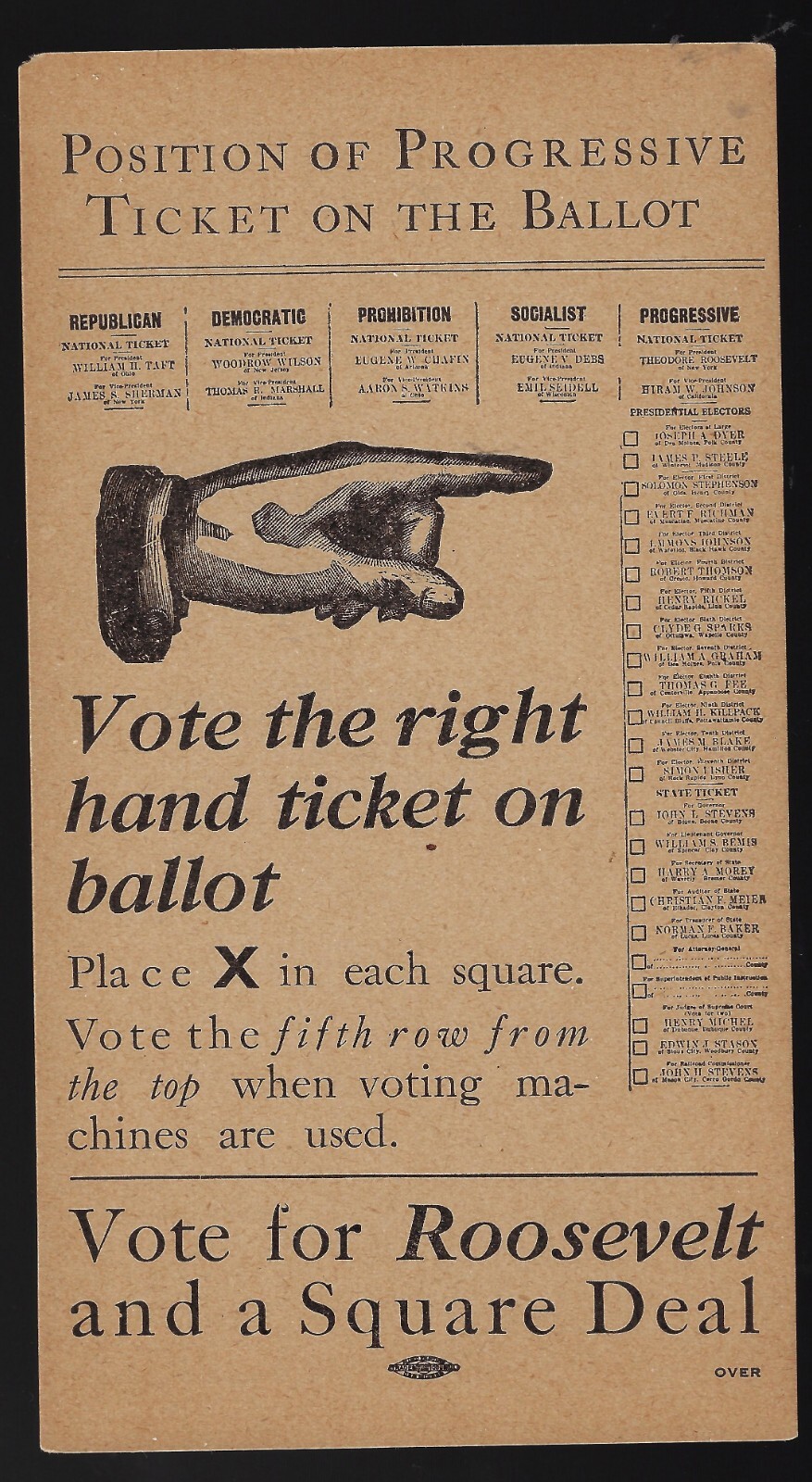1912 Roosevelt Johnson Progressive Party Ballot Postcard Taft Wilson Chafin Debs