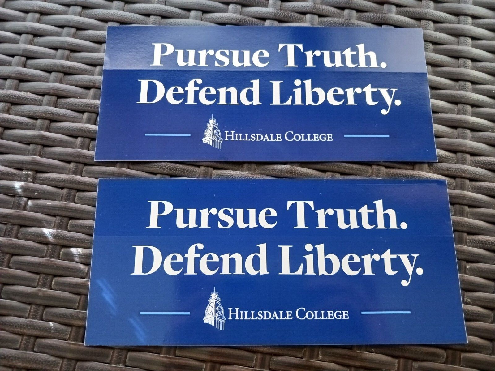 SET 2″Pursue Truth. Defend Liberty” blue/white bumper stickers about 3.75″x8.50″