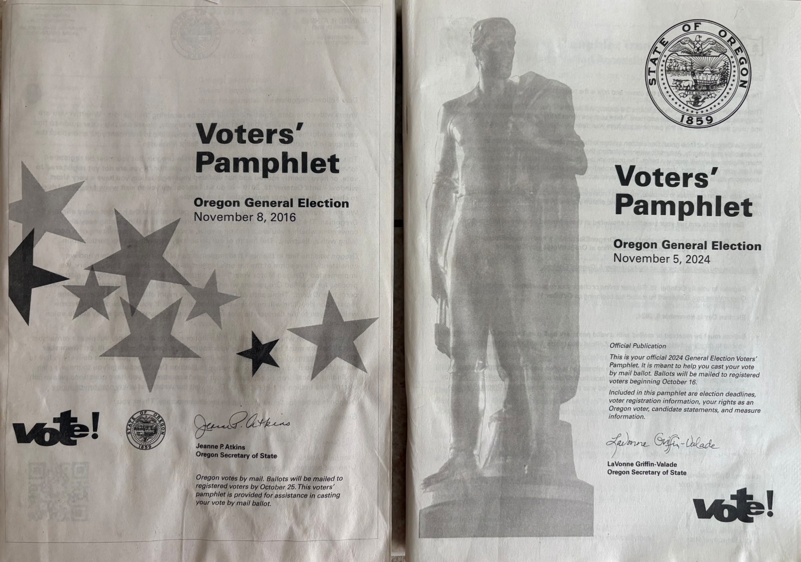 Two Oregon Voter Pamphlets 2016 – 2024, President Donald Trump and Kamala Harris