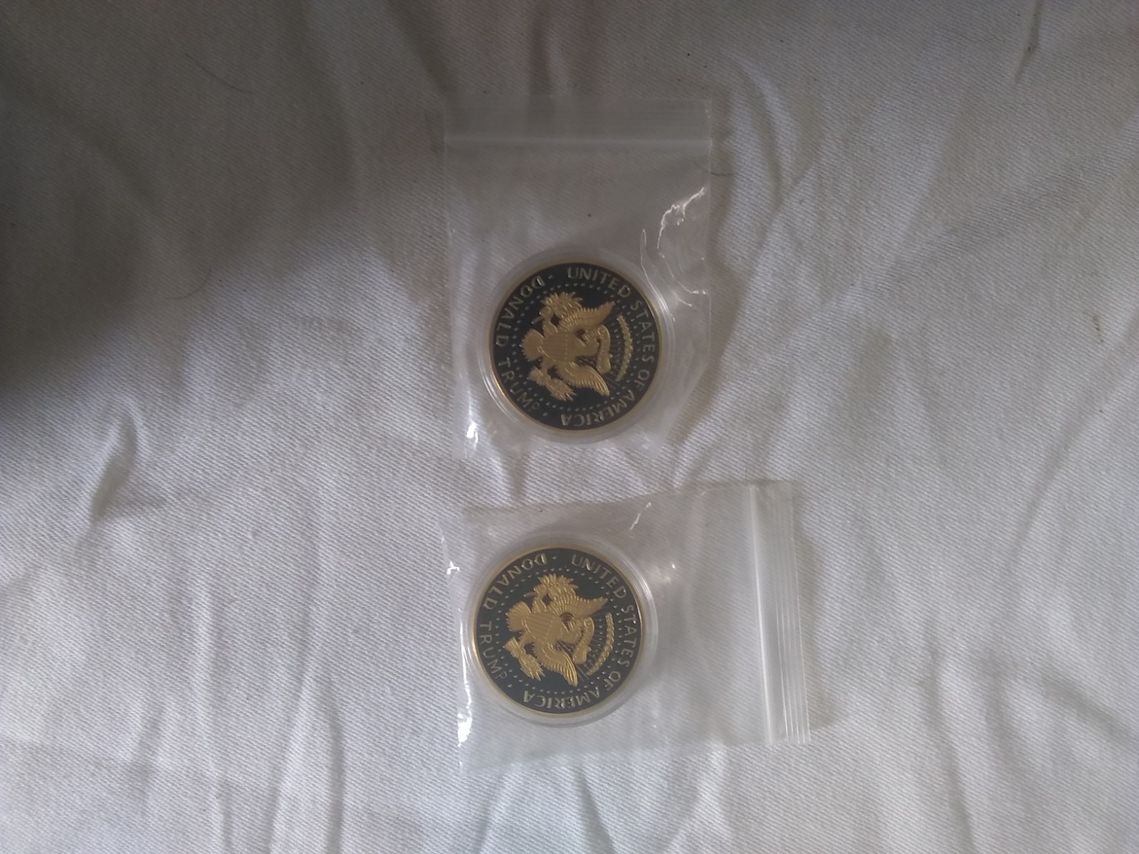 TWO Donald Trump Liberty 2019 Gold/Blue Coin. In God We Trust. Seal of Us