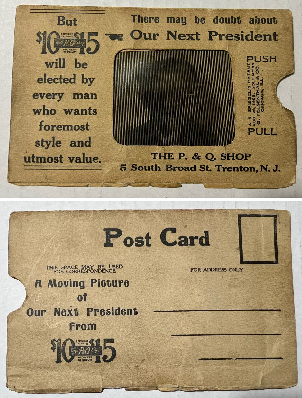 Moving Picture Postcard 1912 Election Taft,Wilson,Roosevelt P&Q Shop Trenton,NJ