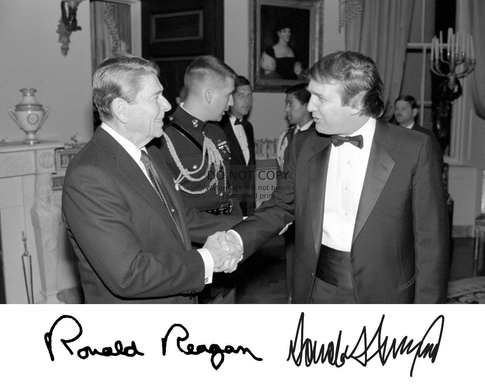 DONALD TRUMP & RONALD REAGAN SHAKING HANDS AUTOGRAPHED 8X10 B&W PHOTOGRAPH