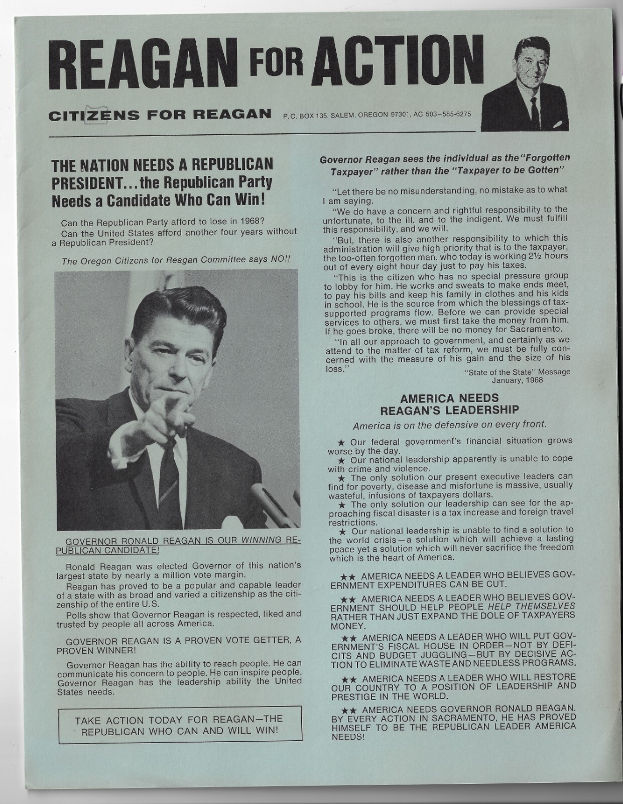 1976 Citizens for (Ronald) Reagan Portland OR Folding Pamphlet for 5/25 Primary