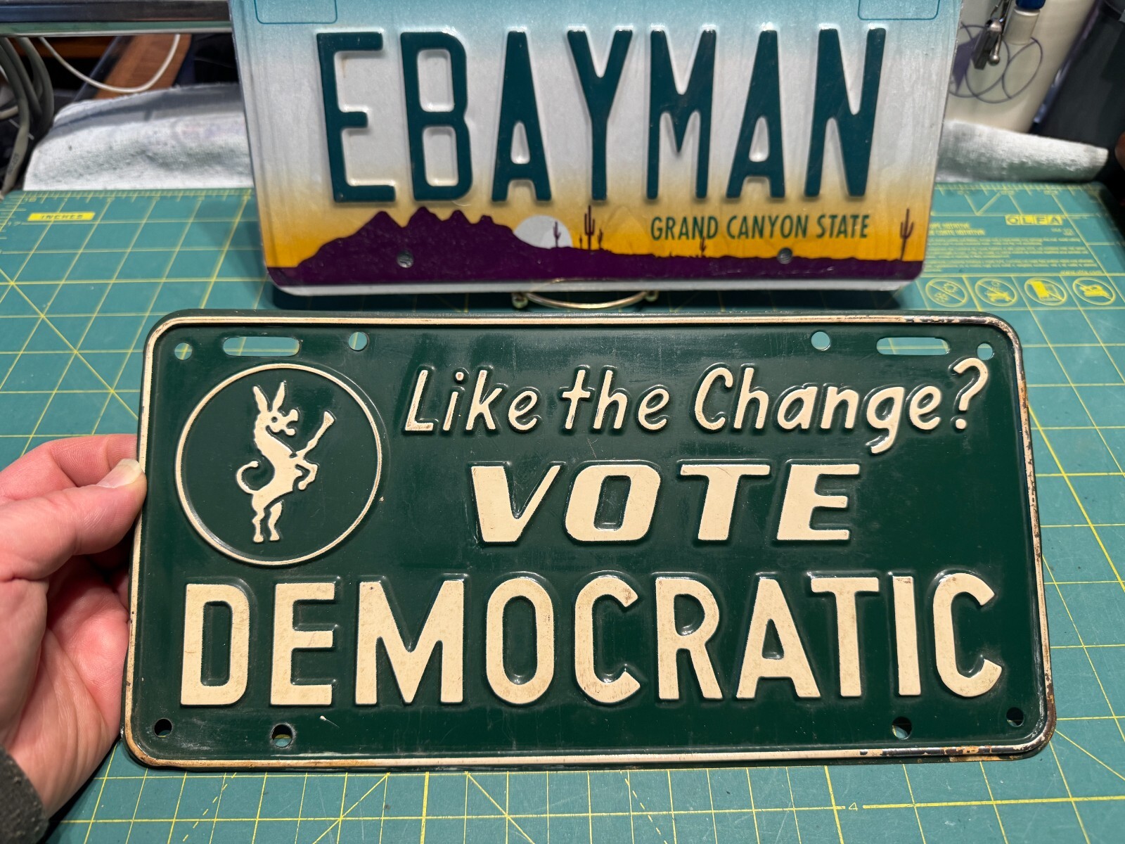 vtg 1954 Like Change Vote Democratic Political Booster License Plate donkey