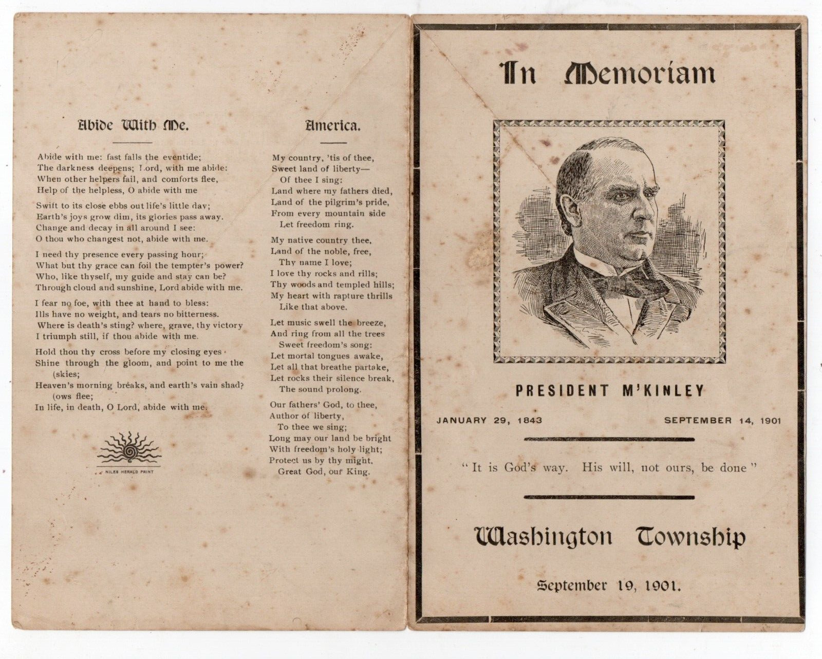 1901 William McKinley Memorial Service Program from Washington Township