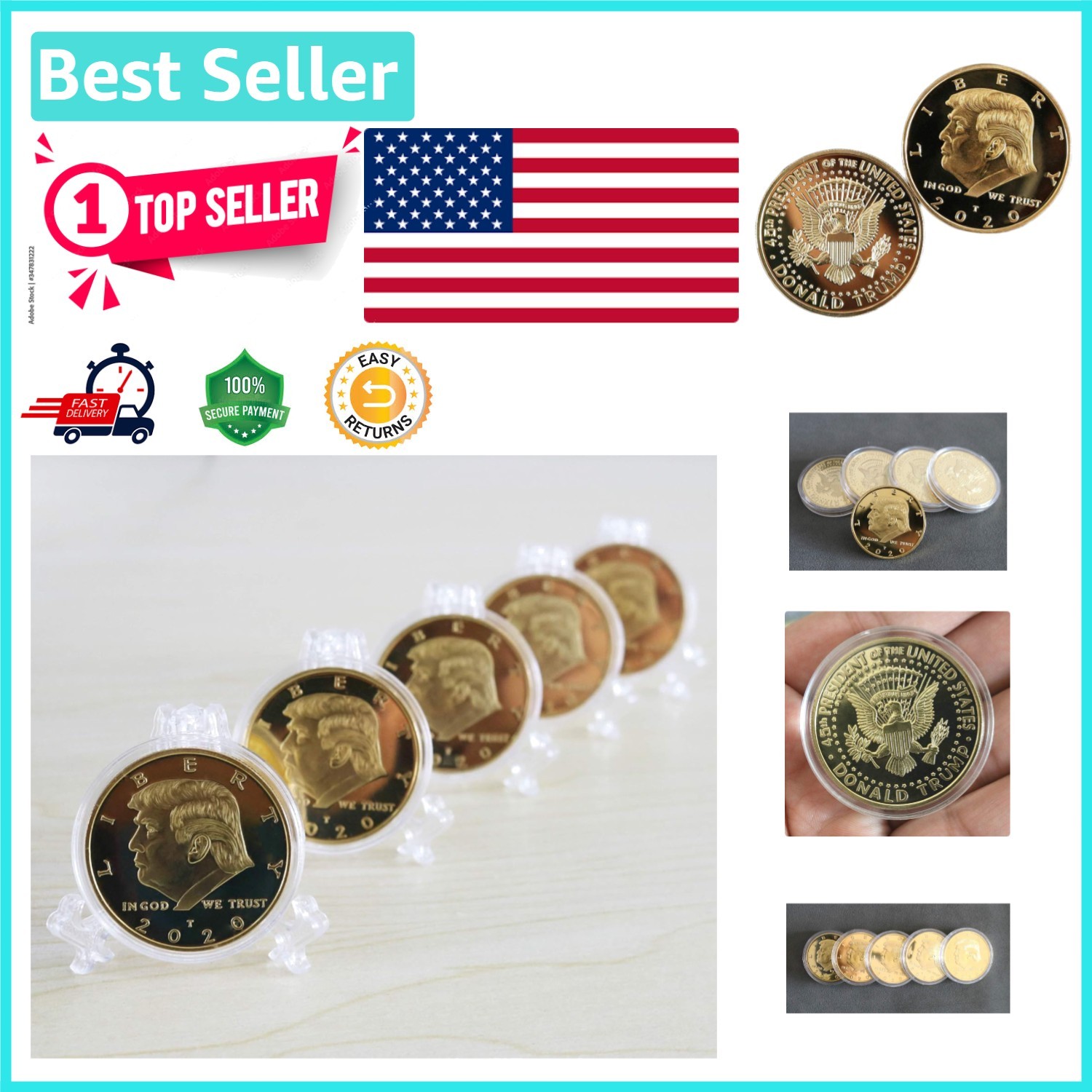 2020 Trump Commemorative Coins – Gold Plated with Protective Casings (5 Pcs)