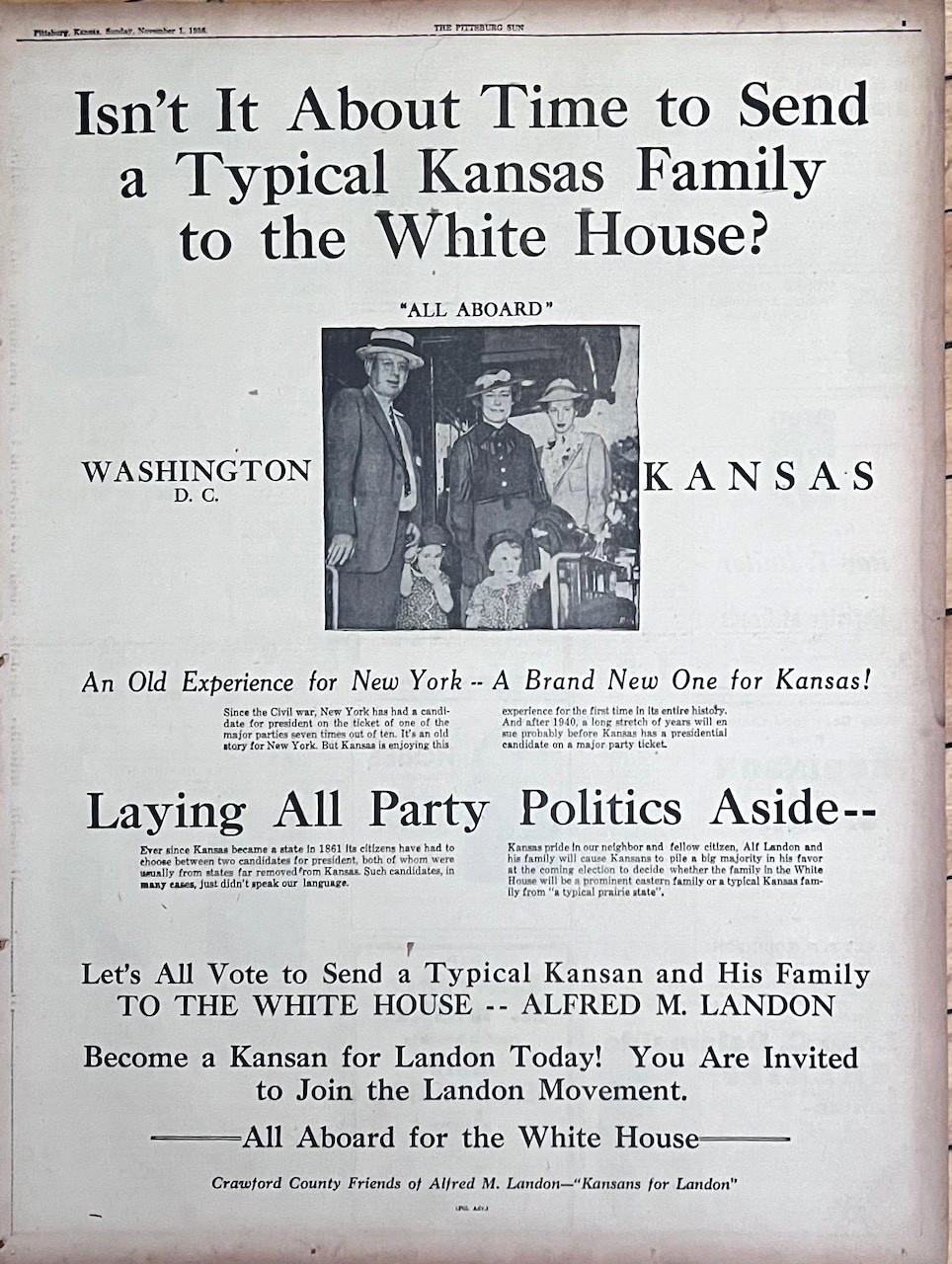 1936 full page newspaper ad for Alf Landon for President – Send typical Kansan