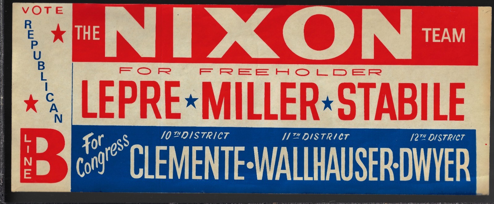 Big 1960 Richard Nixon New Jersey Coattails Presidential Campaign Bumper Sticker