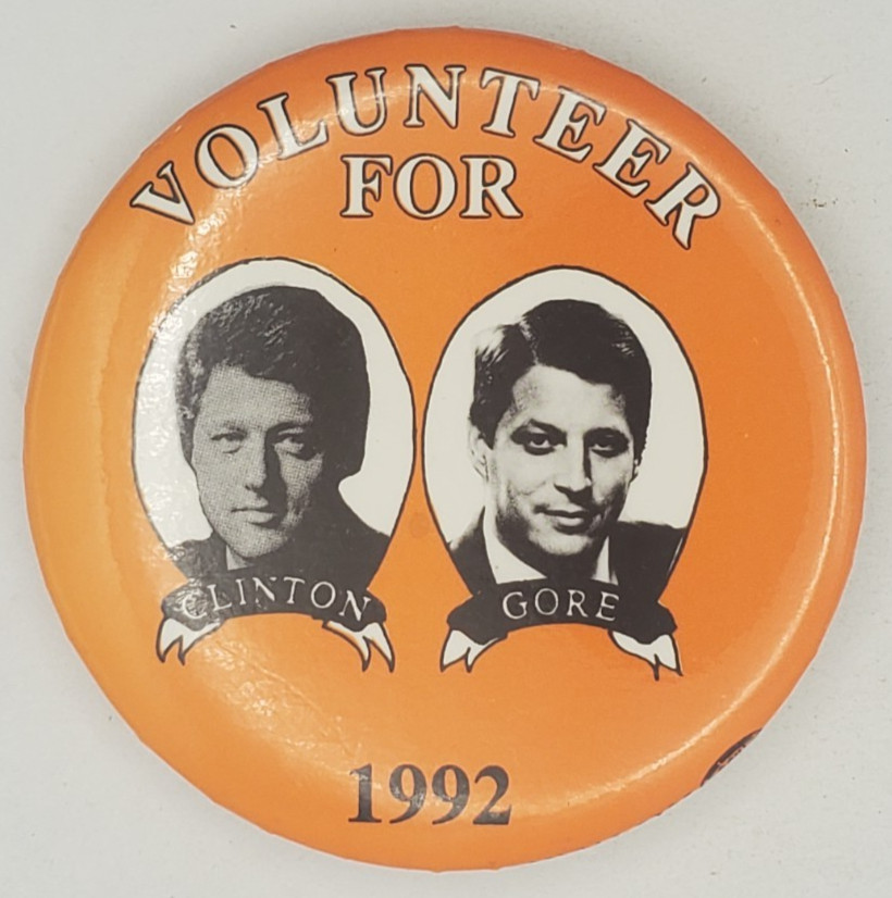 Vtg 1992 Volunteer For Clinton Gore Jugate Presidential Campaign Pinback Button