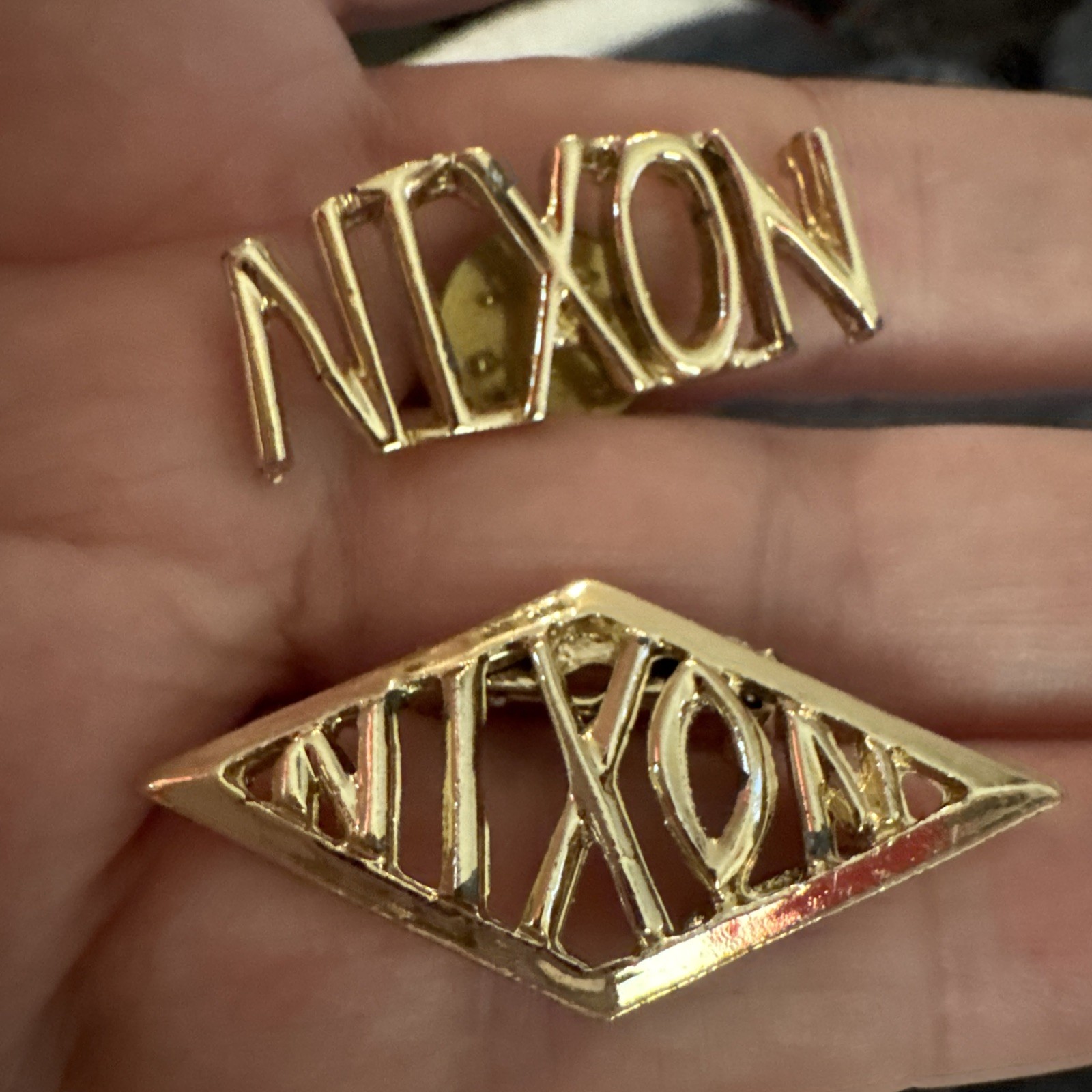 Vtg Gold Tone Diamond Shape Presidential Memoribilia NIXON Brooch Pin Lot Of 2