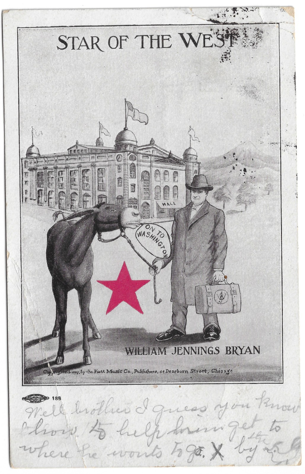 1908 Wm J Bryan Star of West Set #2 Prez Campaign Postcard Piatt Music Cartoon