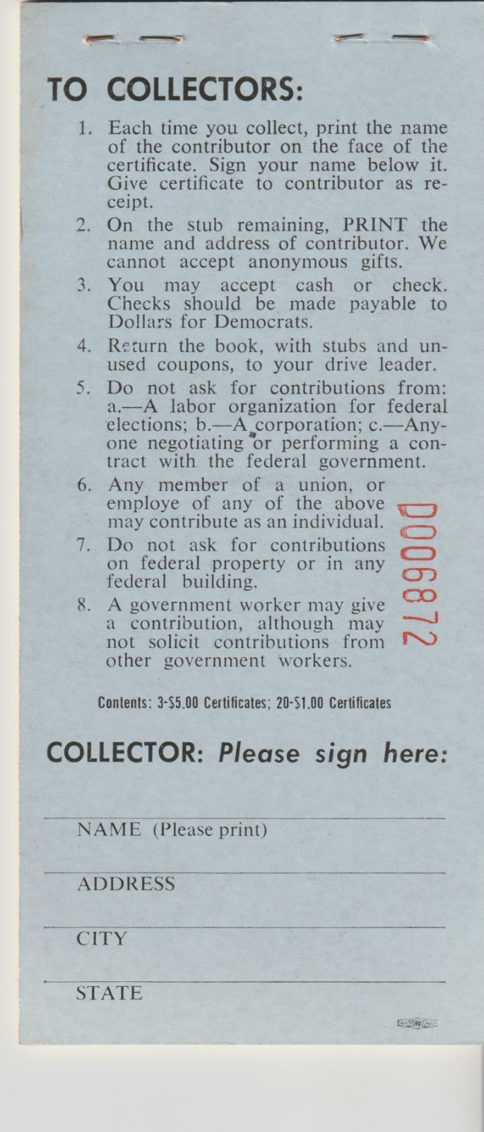 1959 Dollars for Democratic Drive coupon book for 1960 political campaign