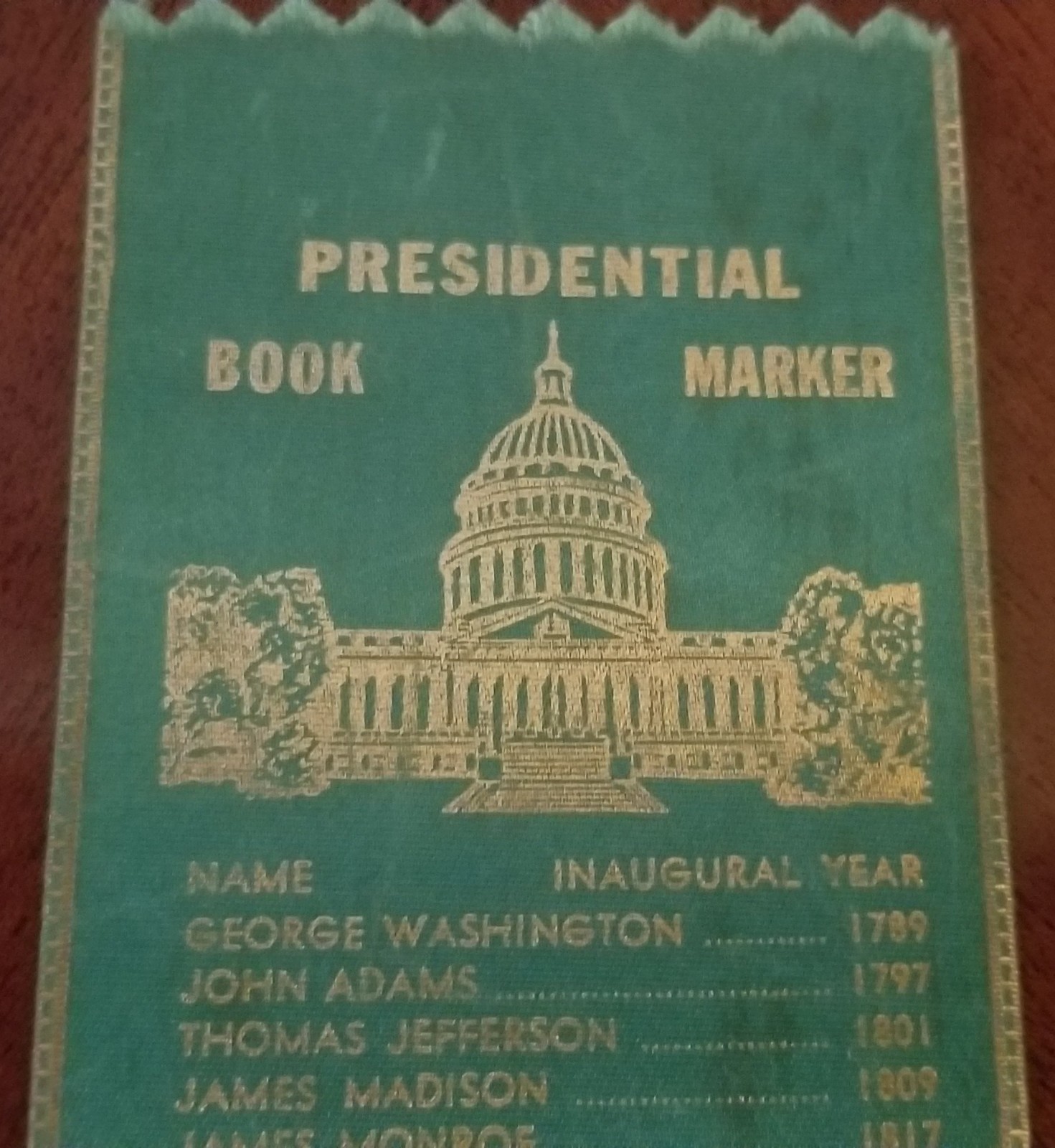 GREEN VTG SATIN PRESIDENTIAL BOOK MARKER PATRIOTIC THRU REAGAN ’81