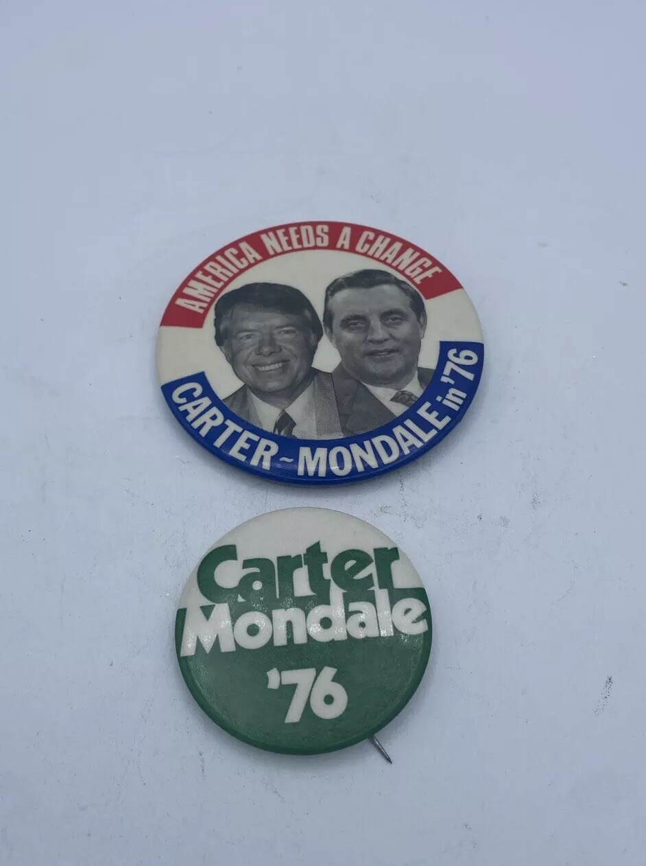 2 VTG 1976 Carter & Mondale Presidential Campaign Political Buttons Pins