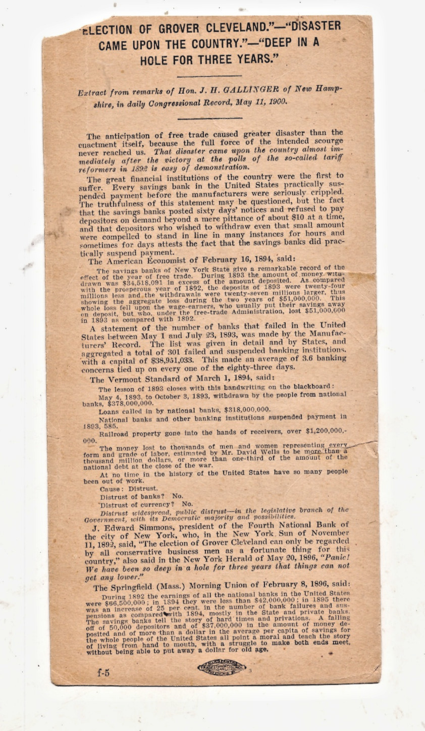 ANTI GROVER CLEVELAND POSTCARD, SENATOR CHAUNCEY DEPEW’S STATEMENTS RE: PAST ADM