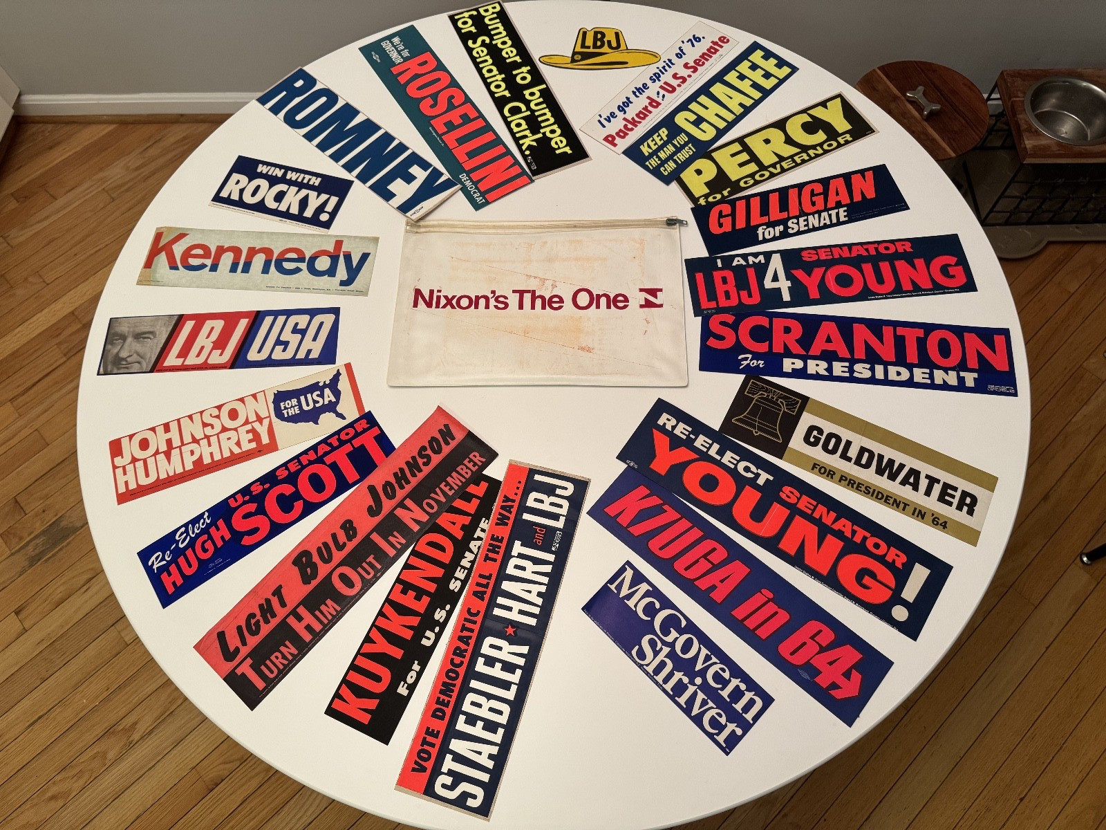 More Than 80 Vintage Political Bumper Stickers ca. 1964-76 + Nixon ’68 Briefcase