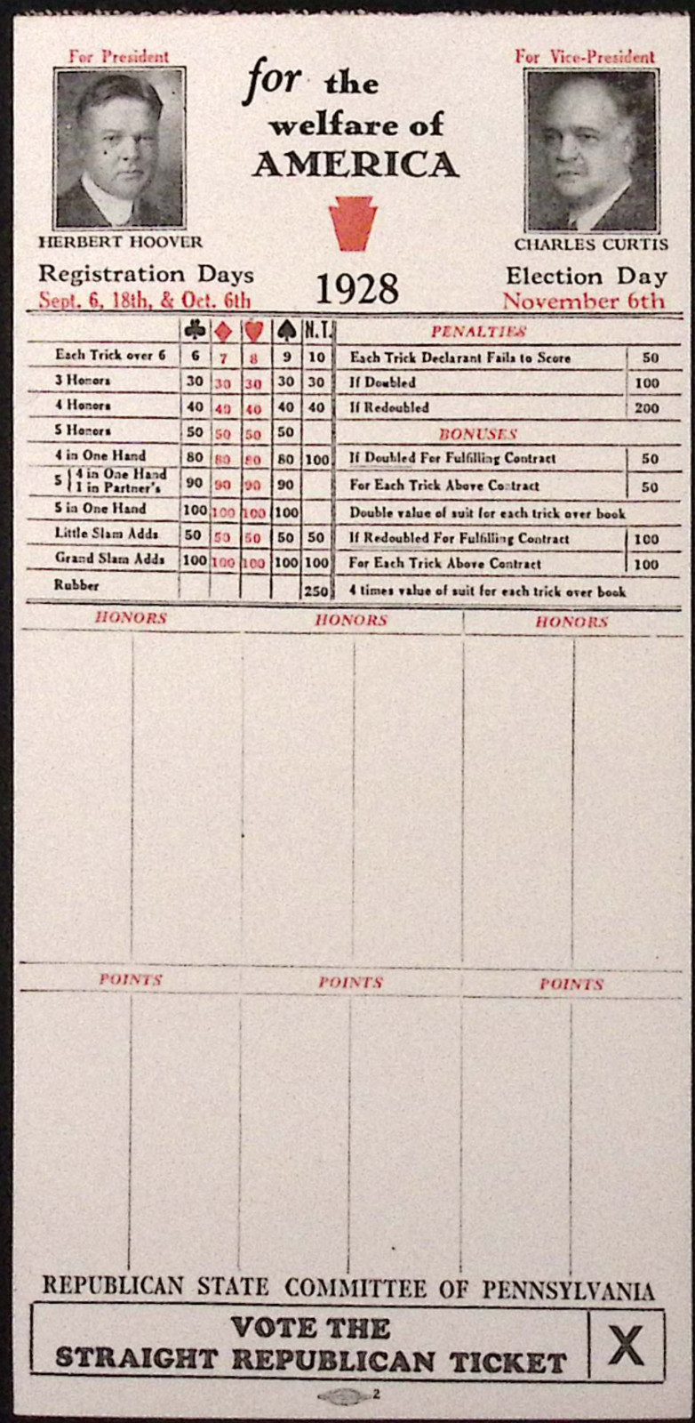 1928 Herbert Hoover Charles Curtis Bridge Tally Pad 17 pages 4×8.5″