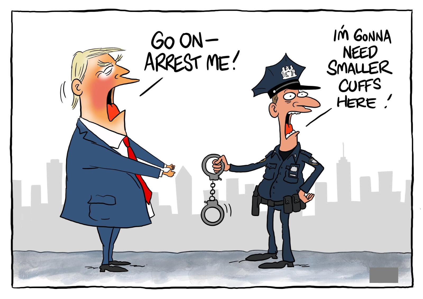 TRUMP “SMALLER CUFFS CARTOON” FRIDGE MAGNET 5″ X 3.5″