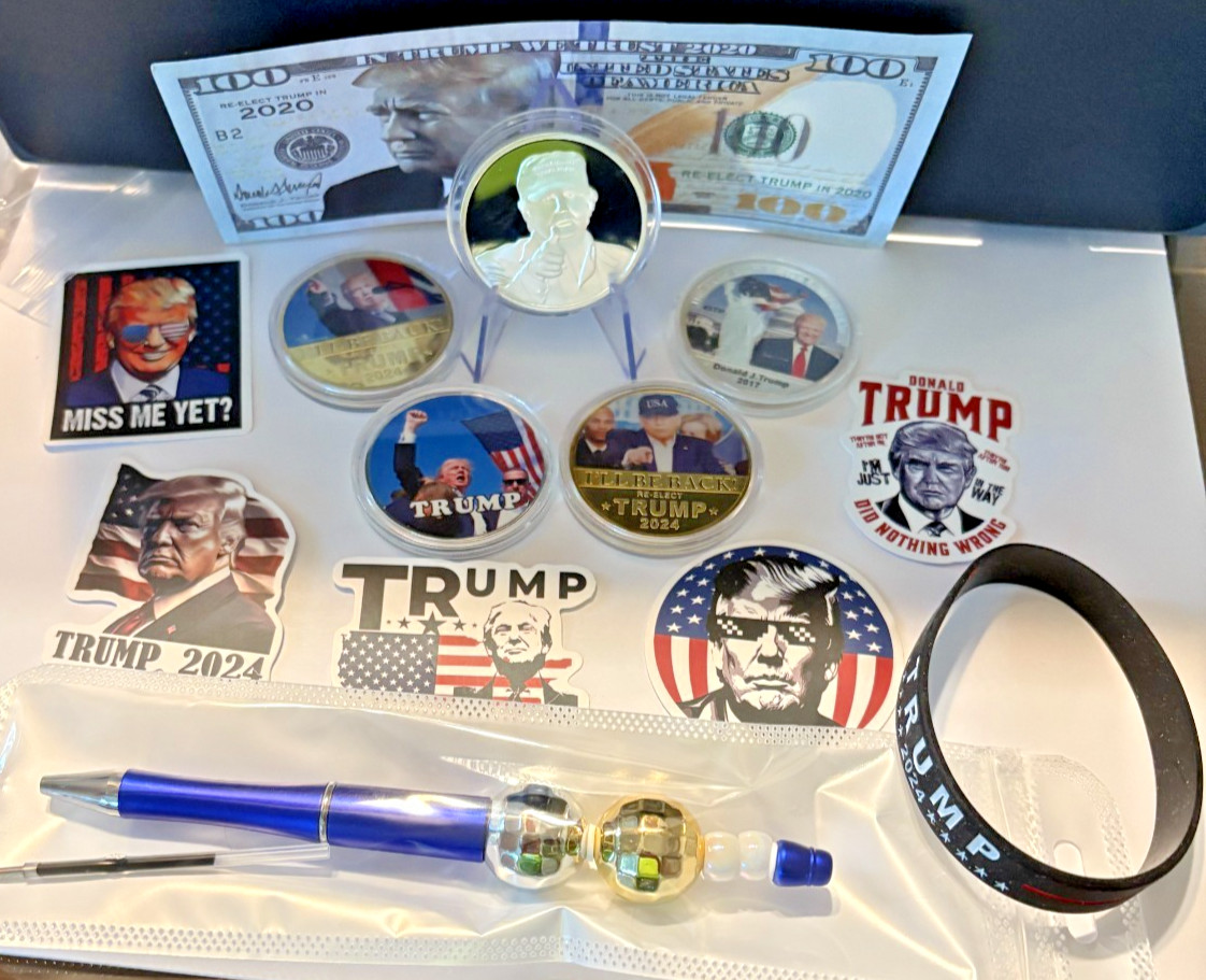 Trump Commemorative 5 Coin Bundle-2 Paper Bills, Stickers, Bling pen – 13 items