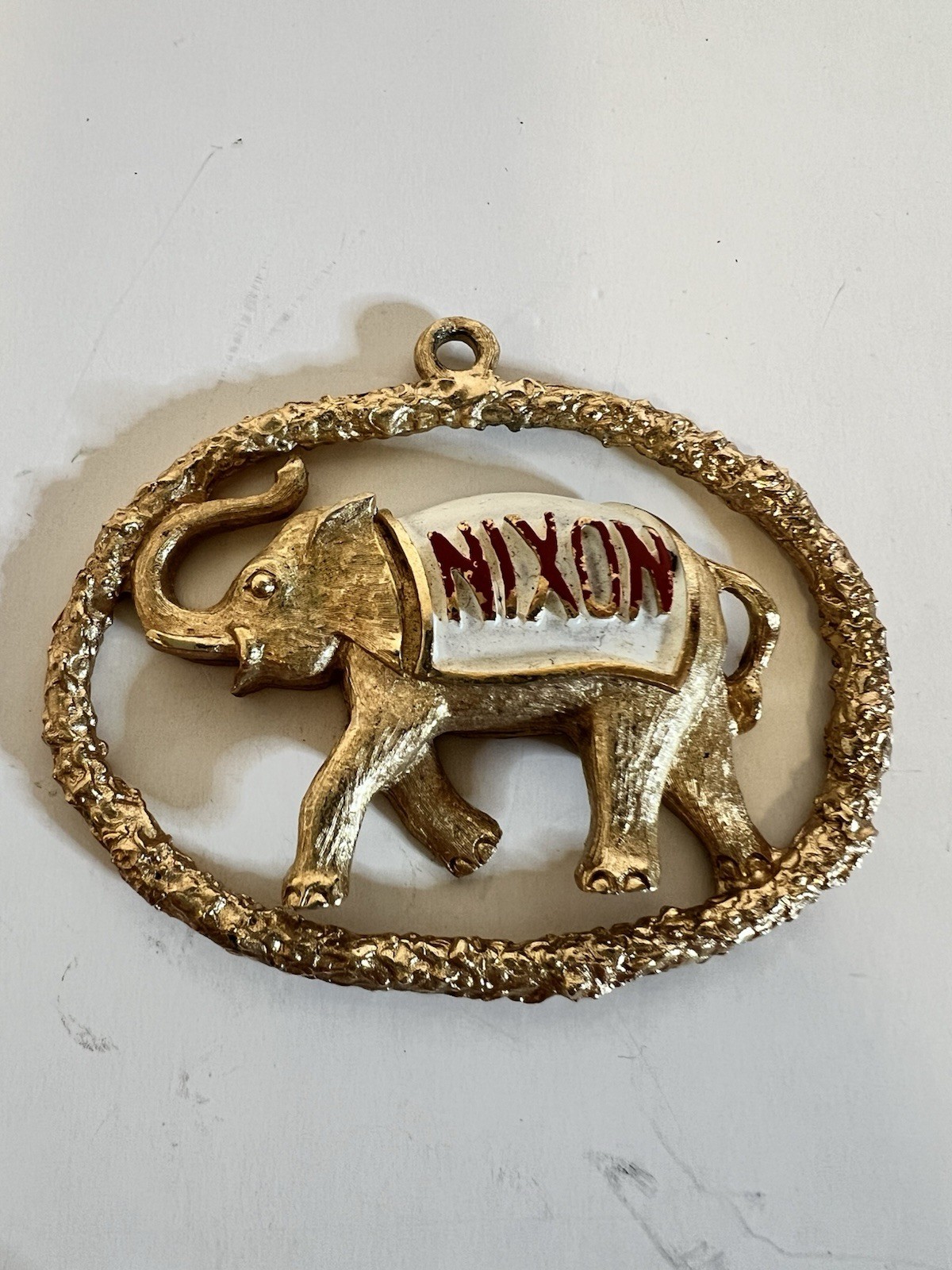 Vintage Nixon Elephant Pendant Republican Political Gold Tone Medallion 2”