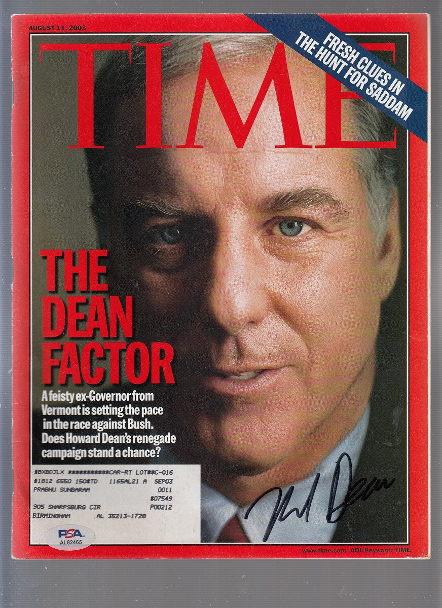 Howard Dean Signed 2003 Time Magazine 8/11 Autographed Vermont Governor PSA/DNA