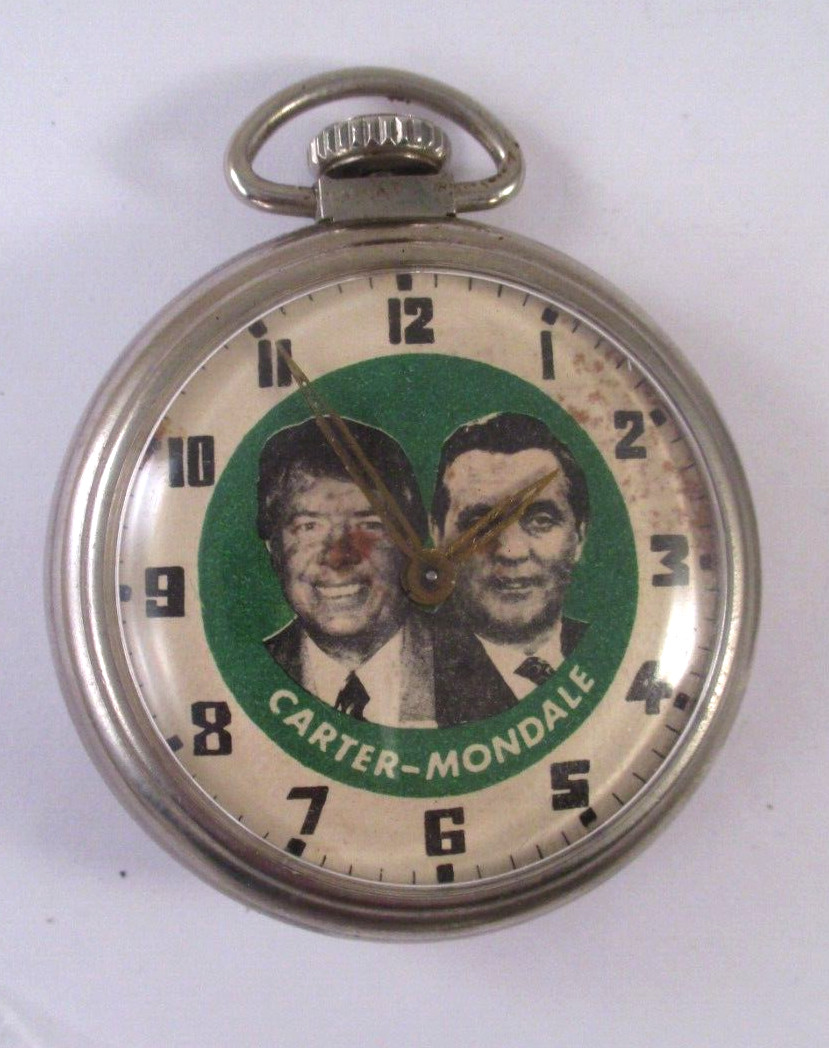 RARE Vtg 1976 JIMMY CARTER WALTER MONDALE CAMPAIGN Advertising POCKET WATCH RUNS