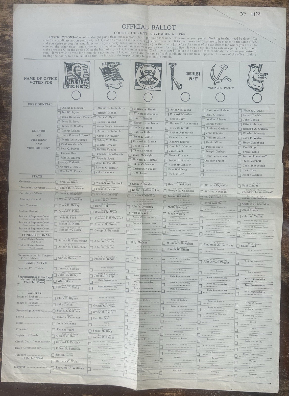 1928 Large 15.5″ x 21″ Michigan Presidential Ballot Prohibition, Socialist etc.