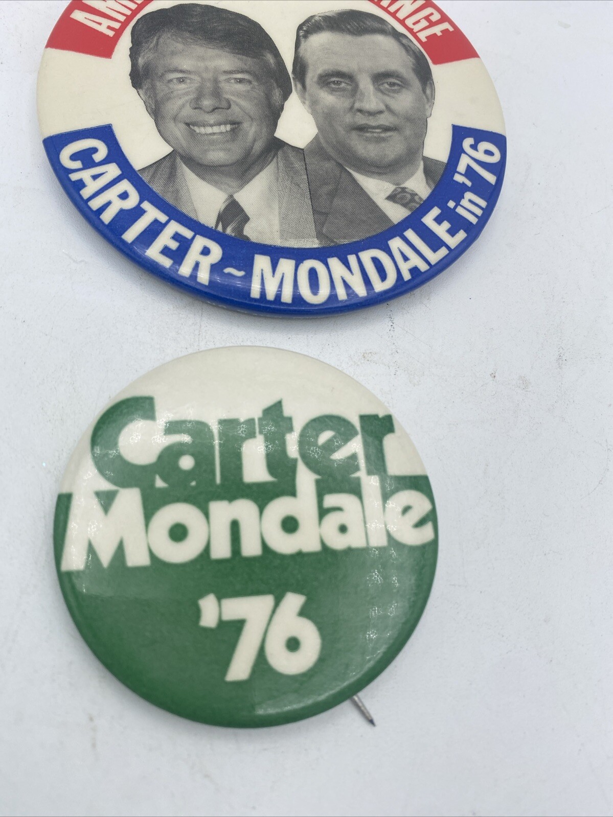 2 VTG 1976 Carter & Mondale Presidential Campaign Political Buttons Pins