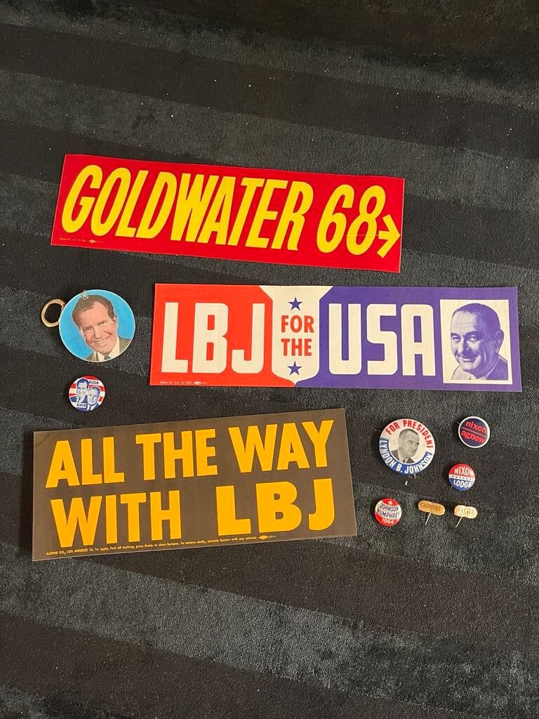 Lot of 1960s – 1970s Presidential Campaign Bumper Stickers and Pins ~ NOS