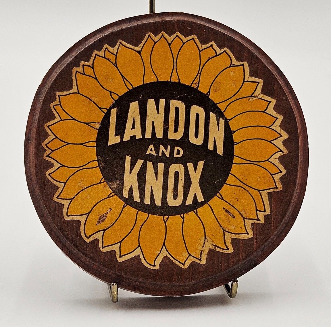 Political Sticker on Wooden Plaque Landon and Knox 1936 Presidential Campaign